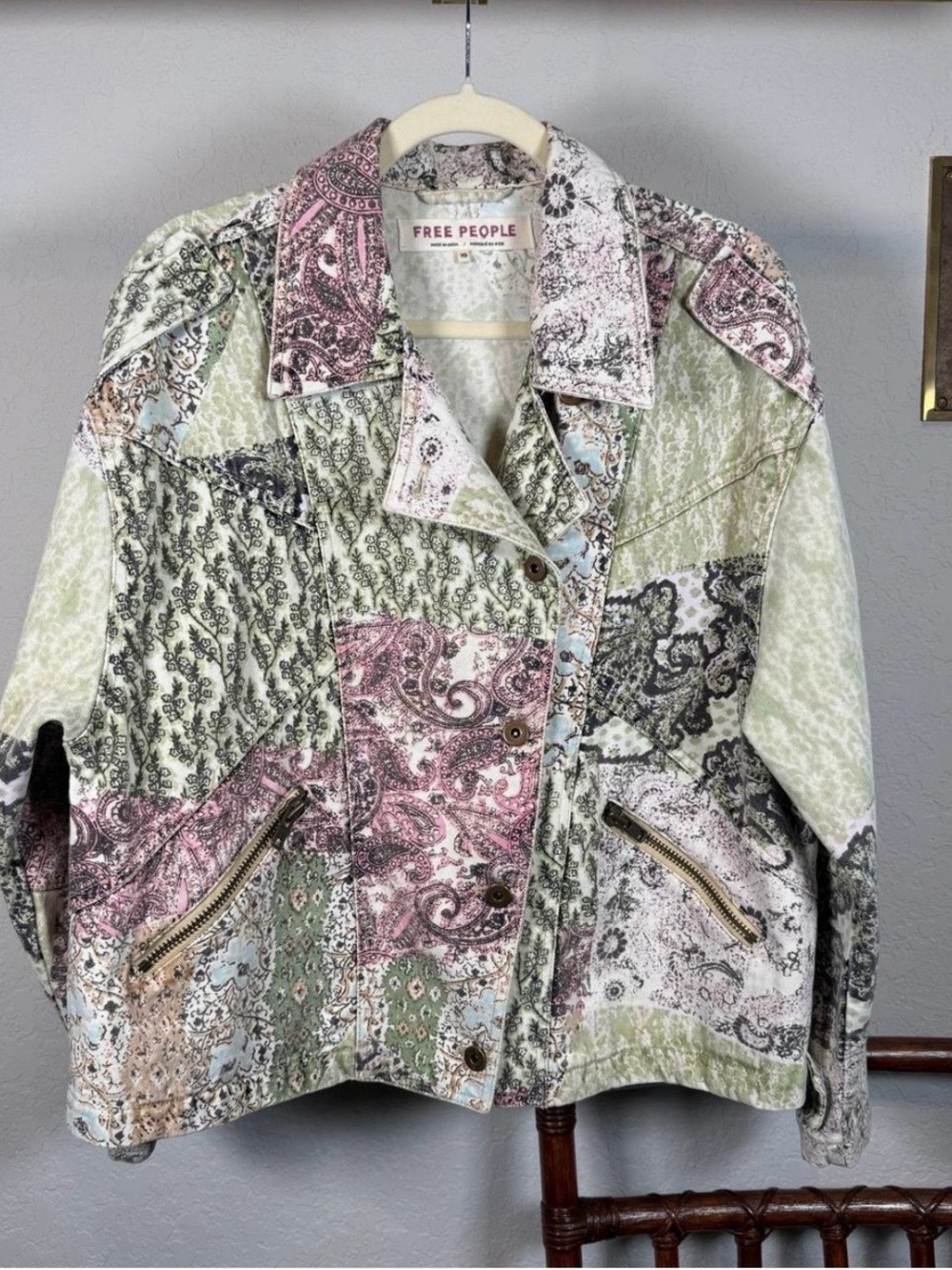 Free People Nadia Moto Jacket in Green & Pink Size XS Like new